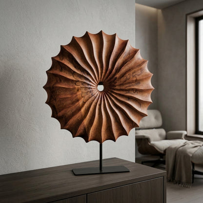Compass Brown Wood Round Sculpture With Black Base