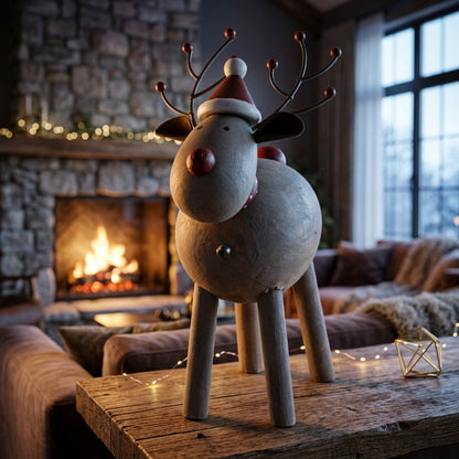 Large Rustic Rudolf With Hat