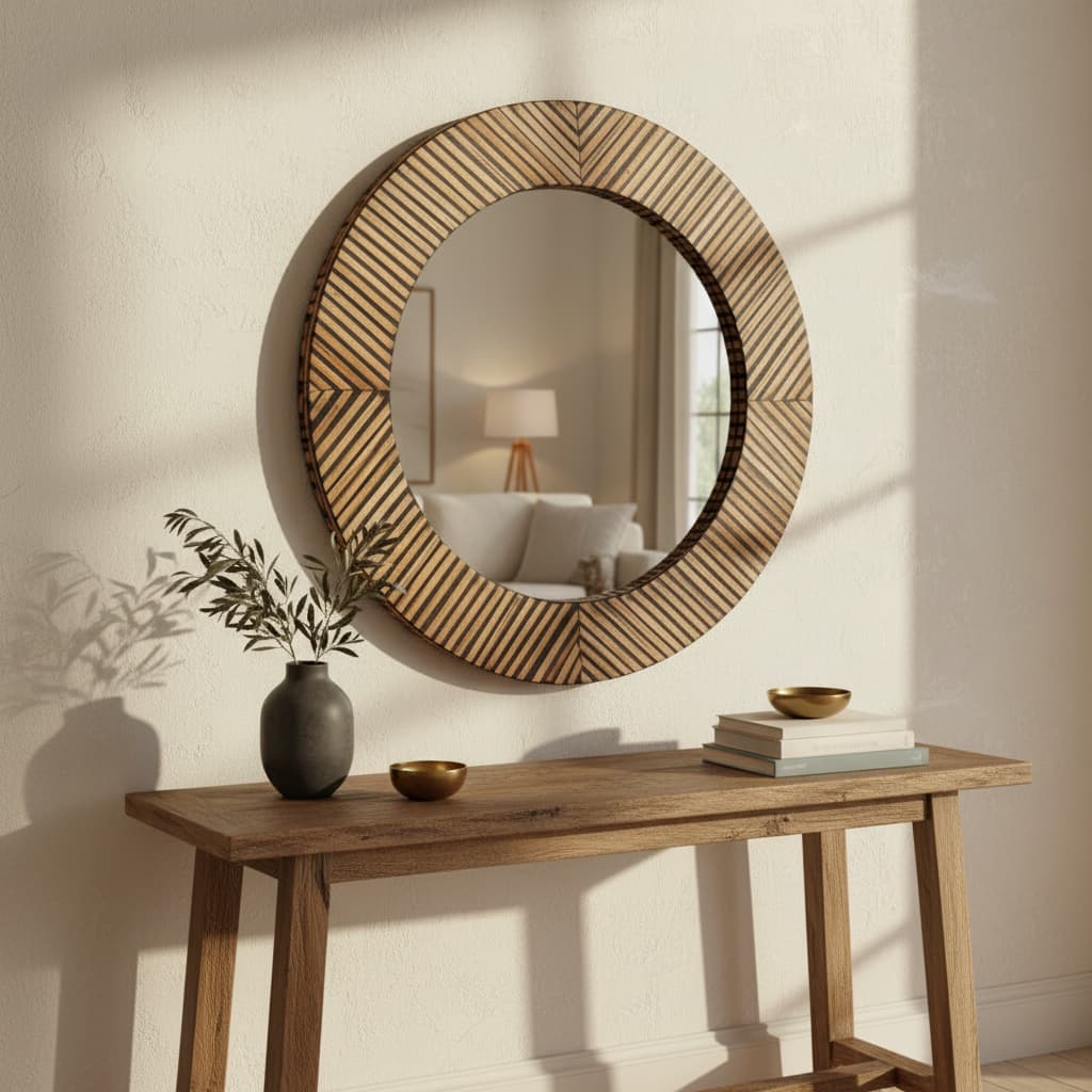 Grove Bamboo Inlay Round Wall Mirror