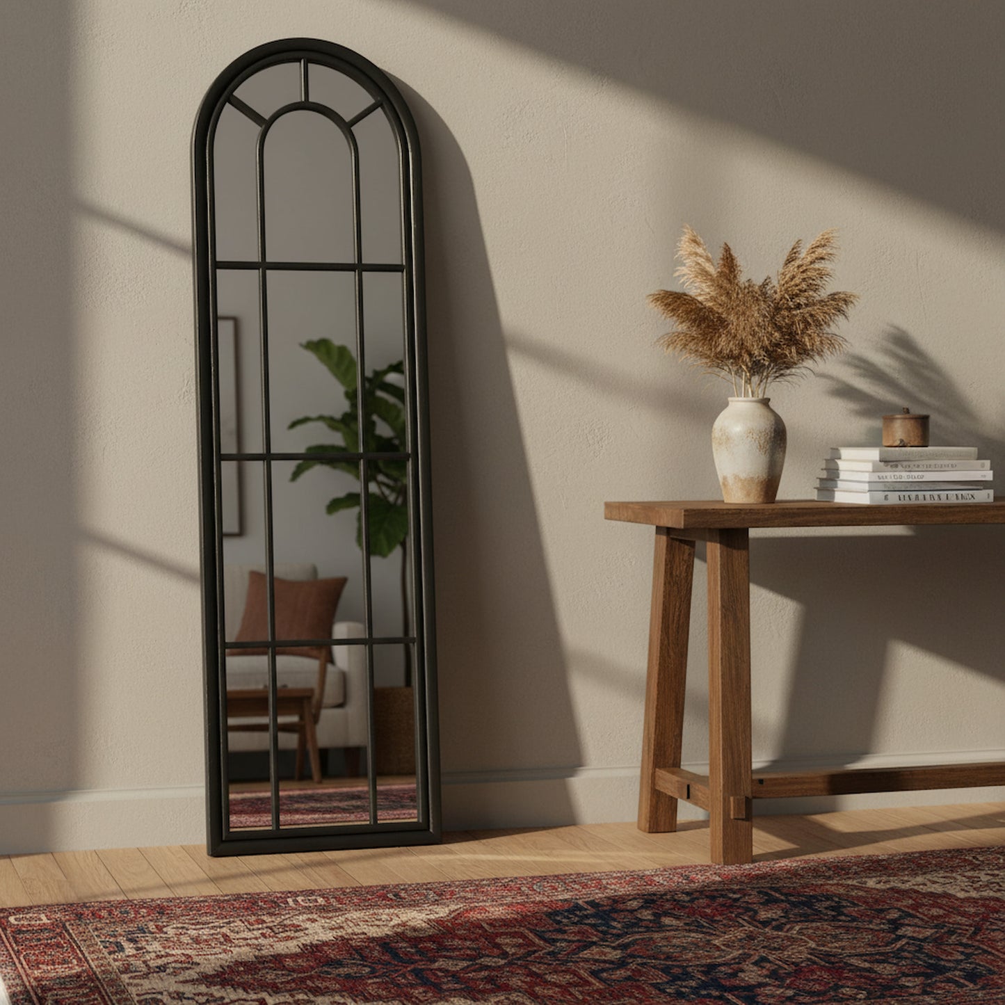 Black Wood Tall Arched Window Mirror