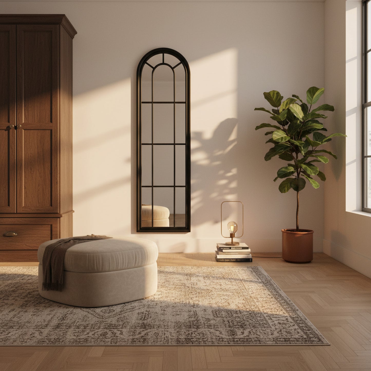 Black Wood Tall Arched Window Mirror