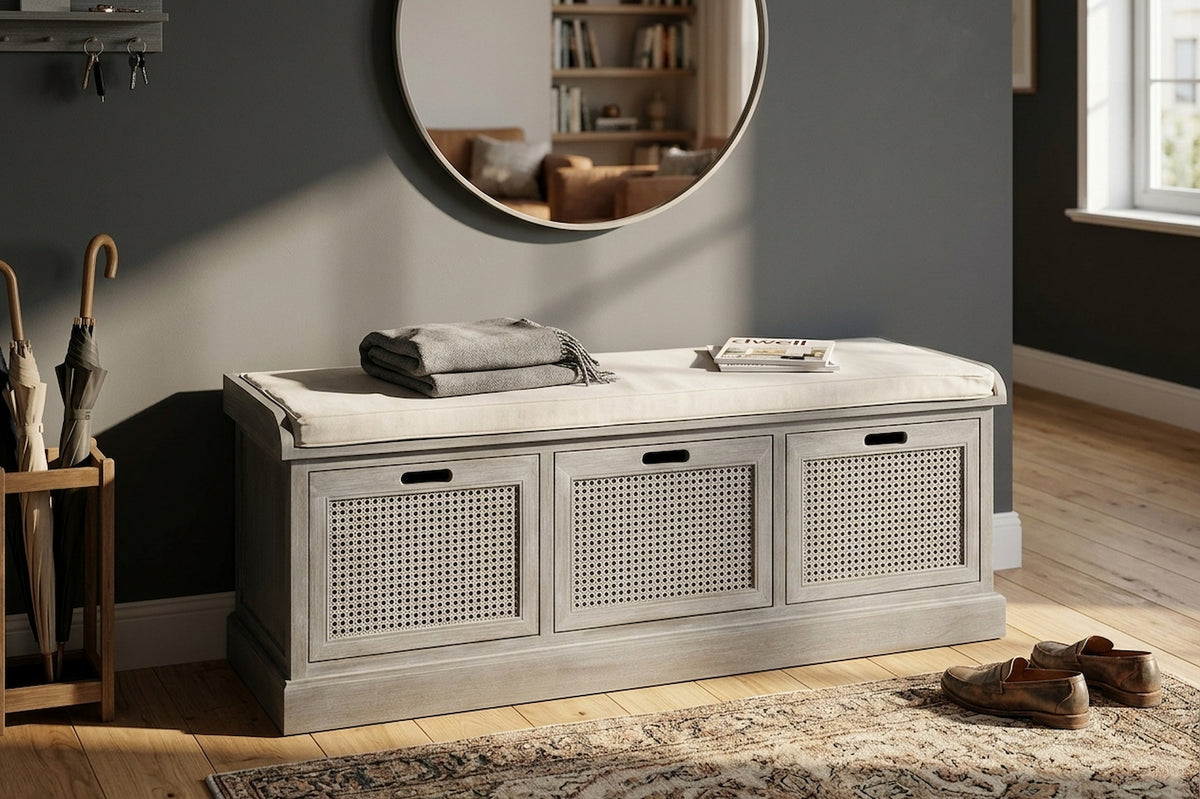 Heirloom Grey Three Drawer Storage Bench with Cushion