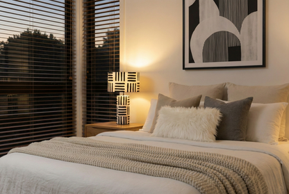 Vellum Black And White Papier Mache Table Lamp with Geometric Lines