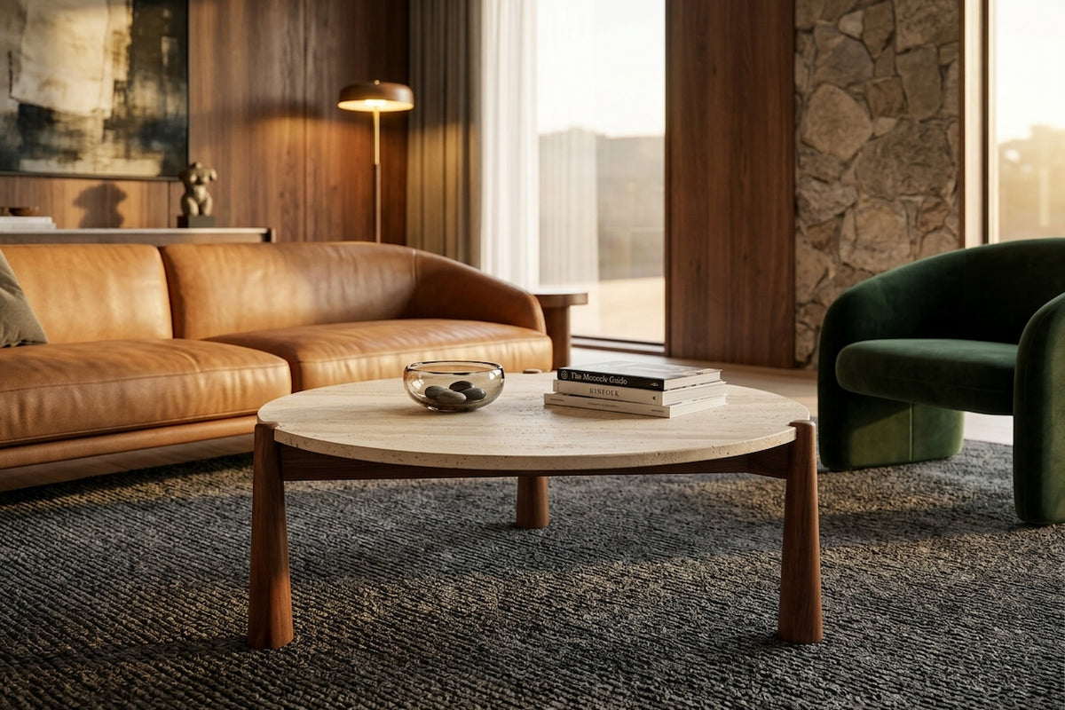 Marlstone Travertine Top and Brown Finish Mango Wood Coffee Table