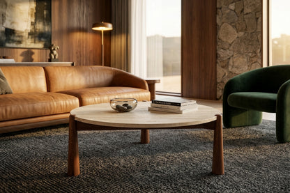Marlstone Travertine Top and Brown Finish Mango Wood Coffee Table