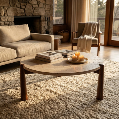 Marlstone Travertine Top and Brown Finish Mango Wood Coffee Table