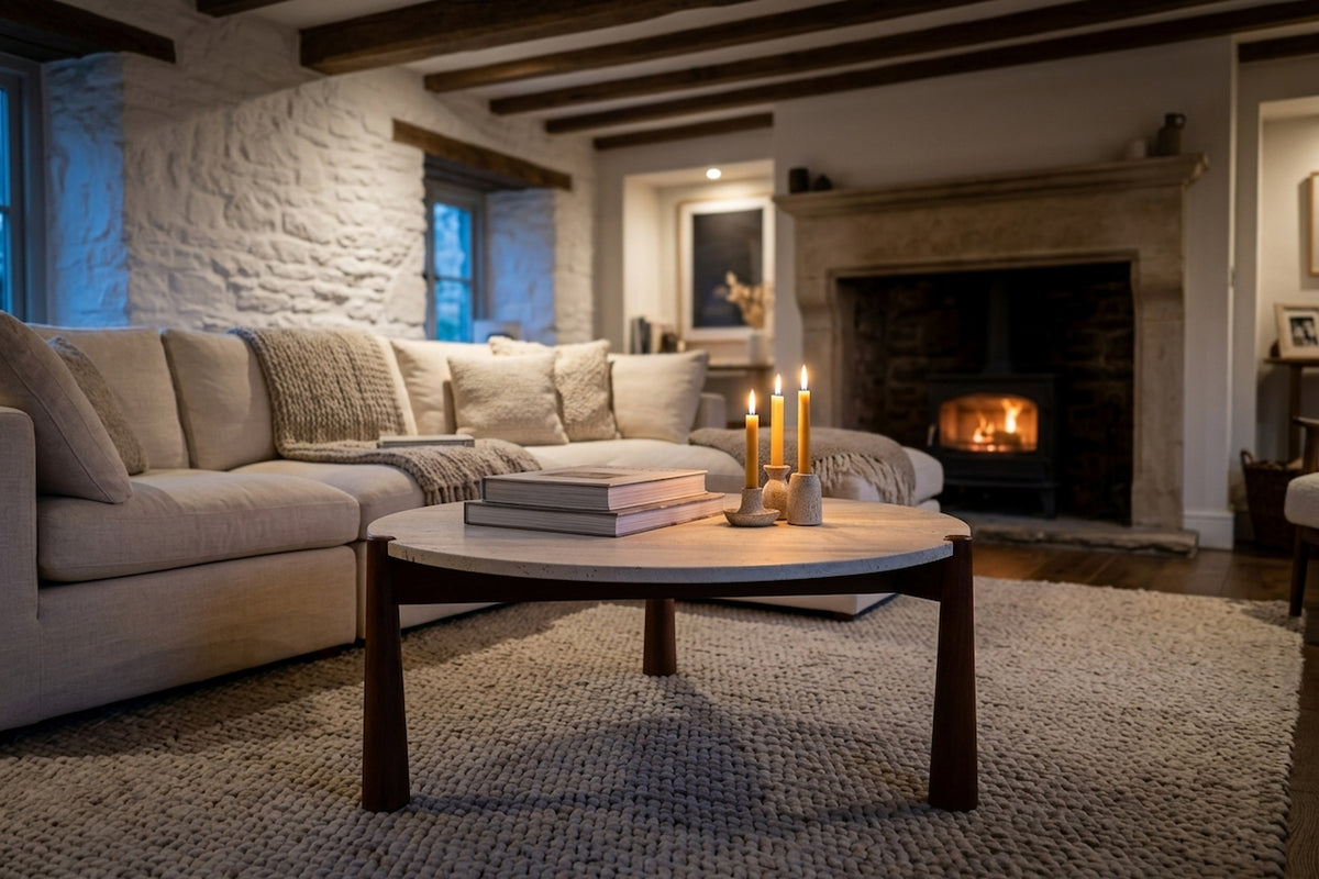 Marlstone Travertine Top and Brown Finish Mango Wood Coffee Table