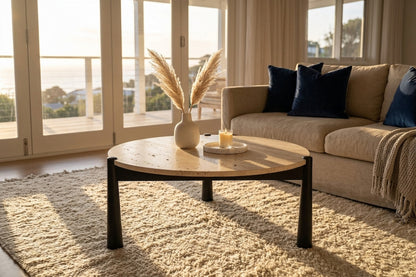 Marlstone Travertine Top and Black Finish Mango Wood Coffee Table