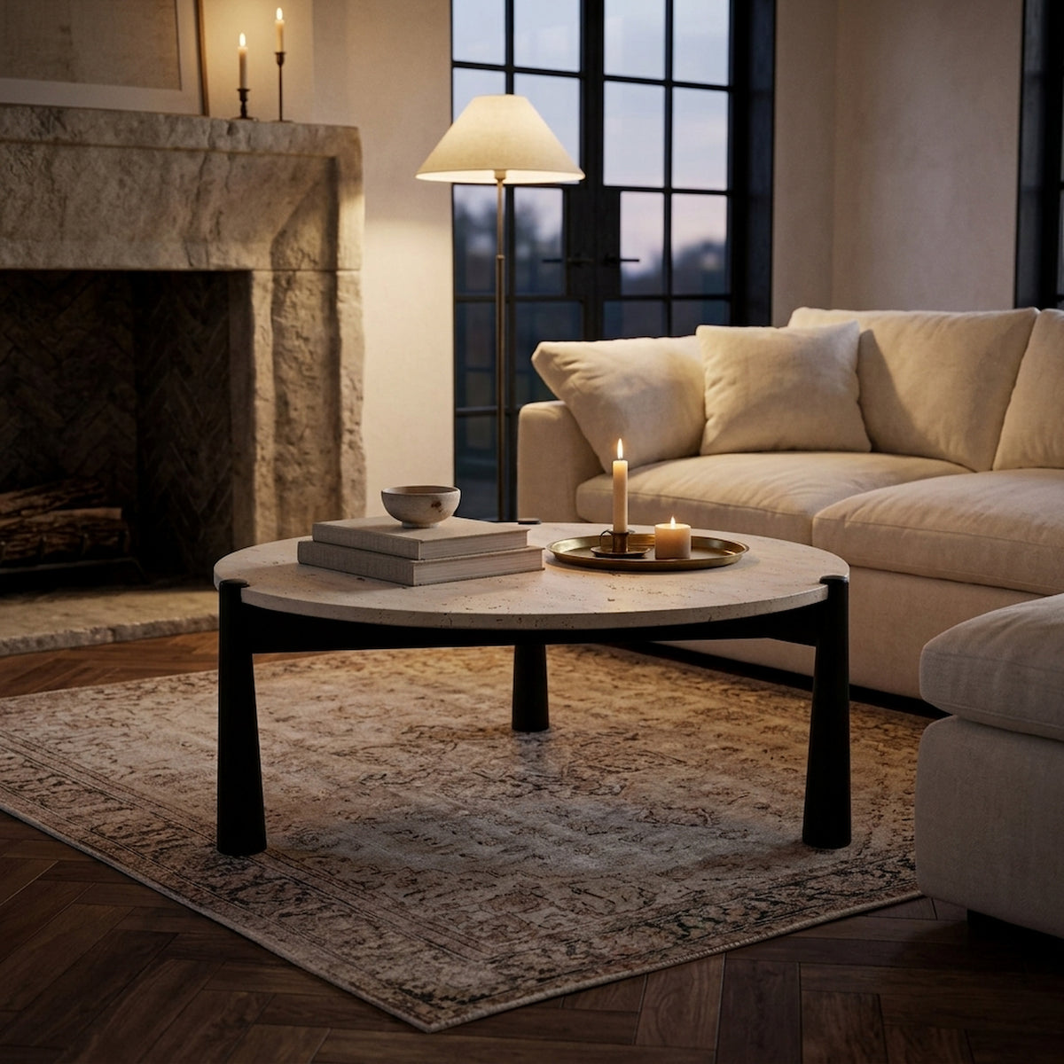 Marlstone Travertine Top and Black Finish Mango Wood Coffee Table