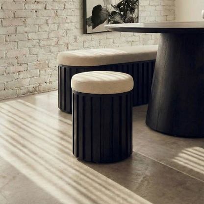 Sicily Black Mango Wood and Cream Linen Stool