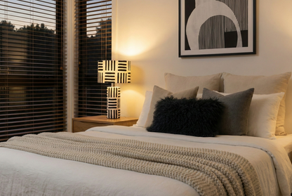 Vellum Black And White Papier Mache Table Lamp with Geometric Lines