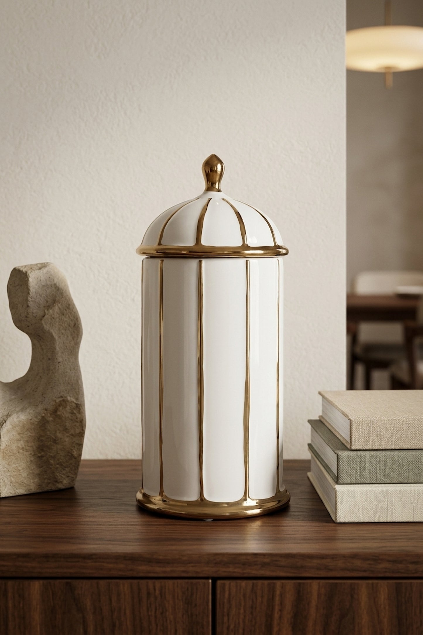 Petite Large White and Gold Ceramic Jar