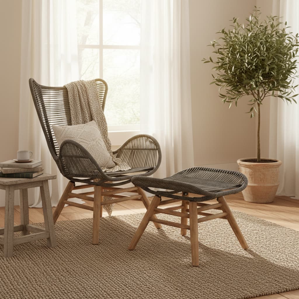 Weave Grey Rope Lounge Chair And Footstool