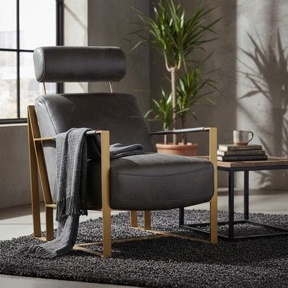 Loft Grey Leather Lounge Chair with Rose Gold Finish Frame