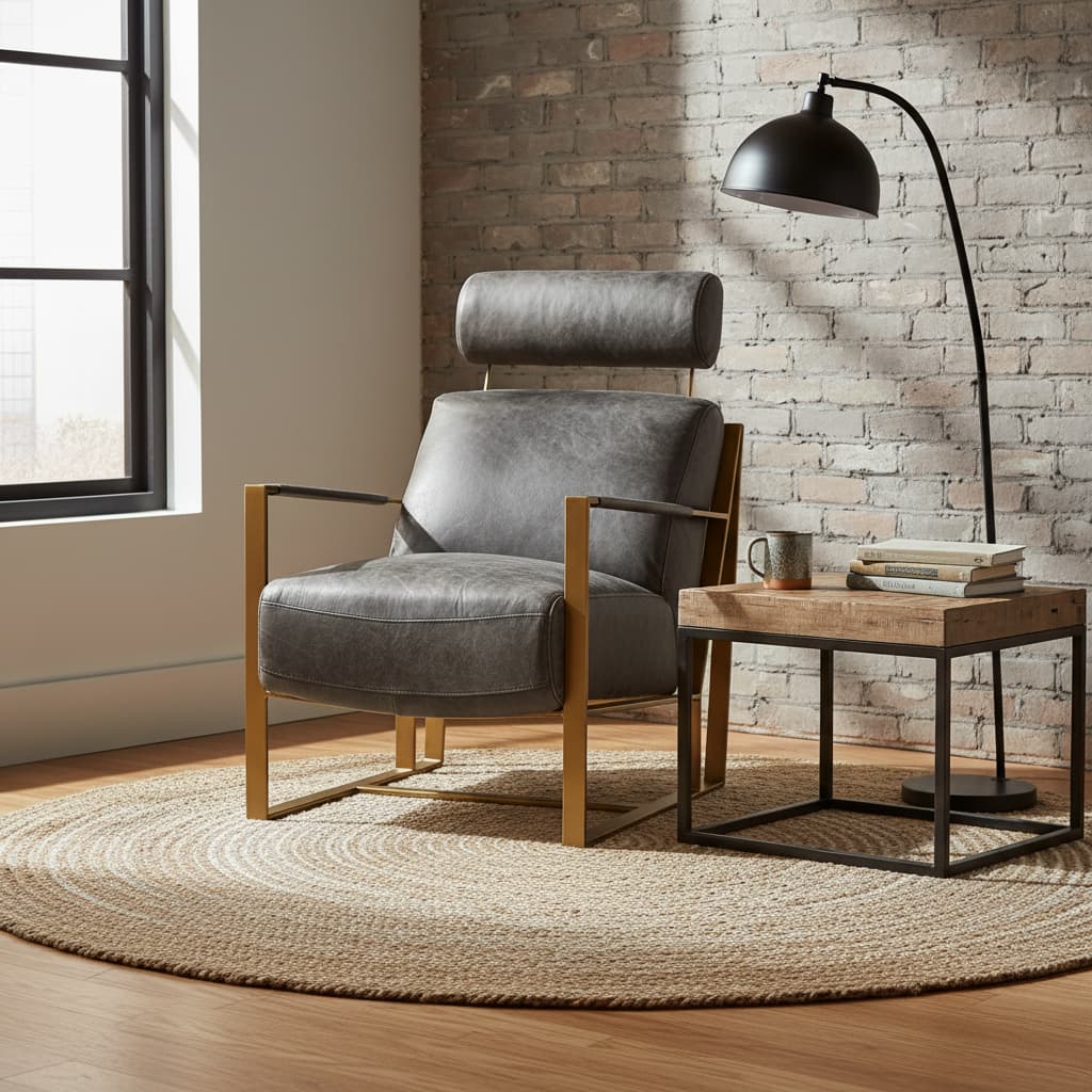 Loft Grey Leather Lounge Chair with Rose Gold Finish Frame
