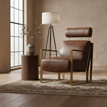 Loft Brown Leather Lounge Chair with Rose Gold Iron Frame