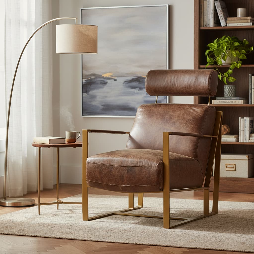 Loft Brown Leather Lounge Chair with Rose Gold Iron Frame