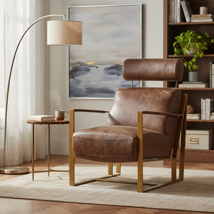 Loft Brown Leather Lounge Chair with Rose Gold Iron Frame