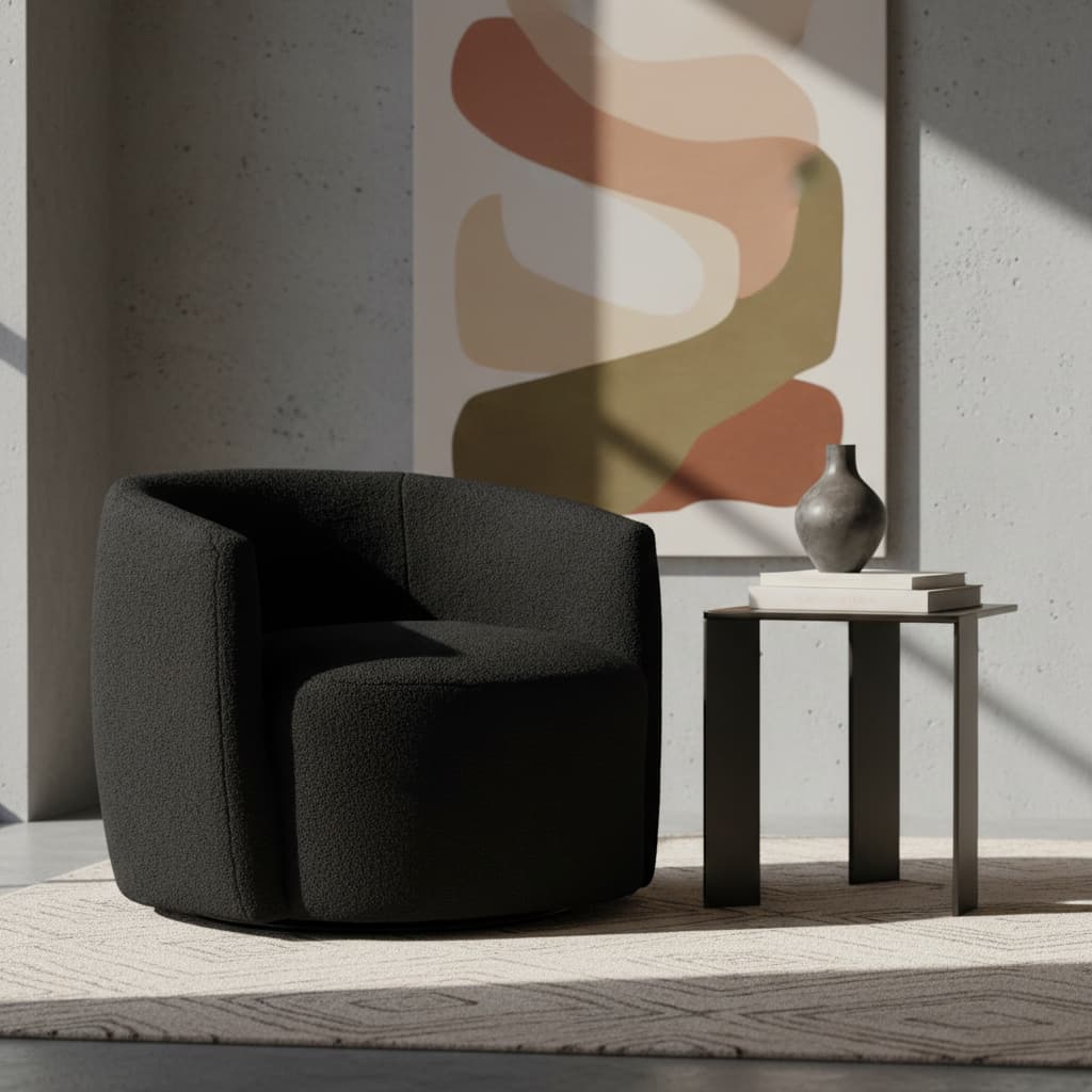 Aspen Black Boucle Effect Curved Lounge Chair With Swivel Base