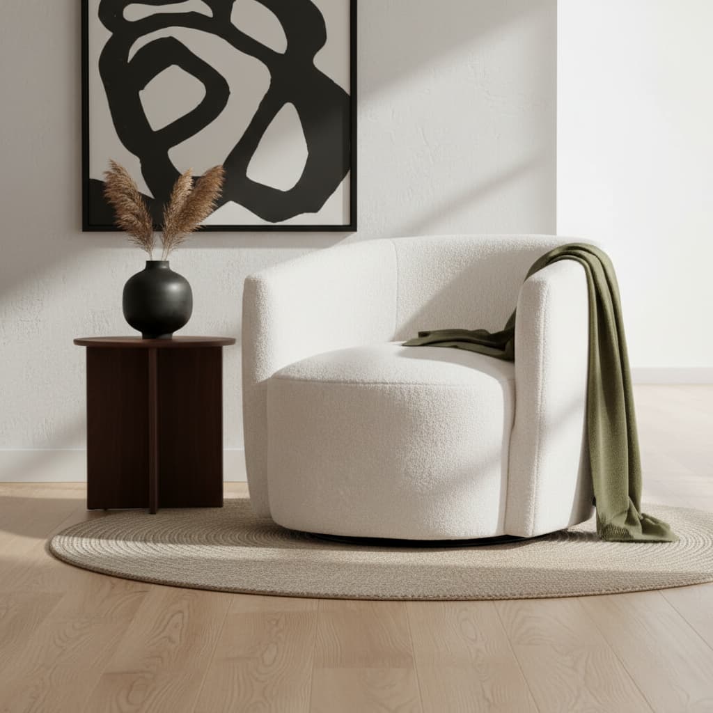 Aspen Ivory Boucle Effect Curved Lounge Chair With Swivel Base
