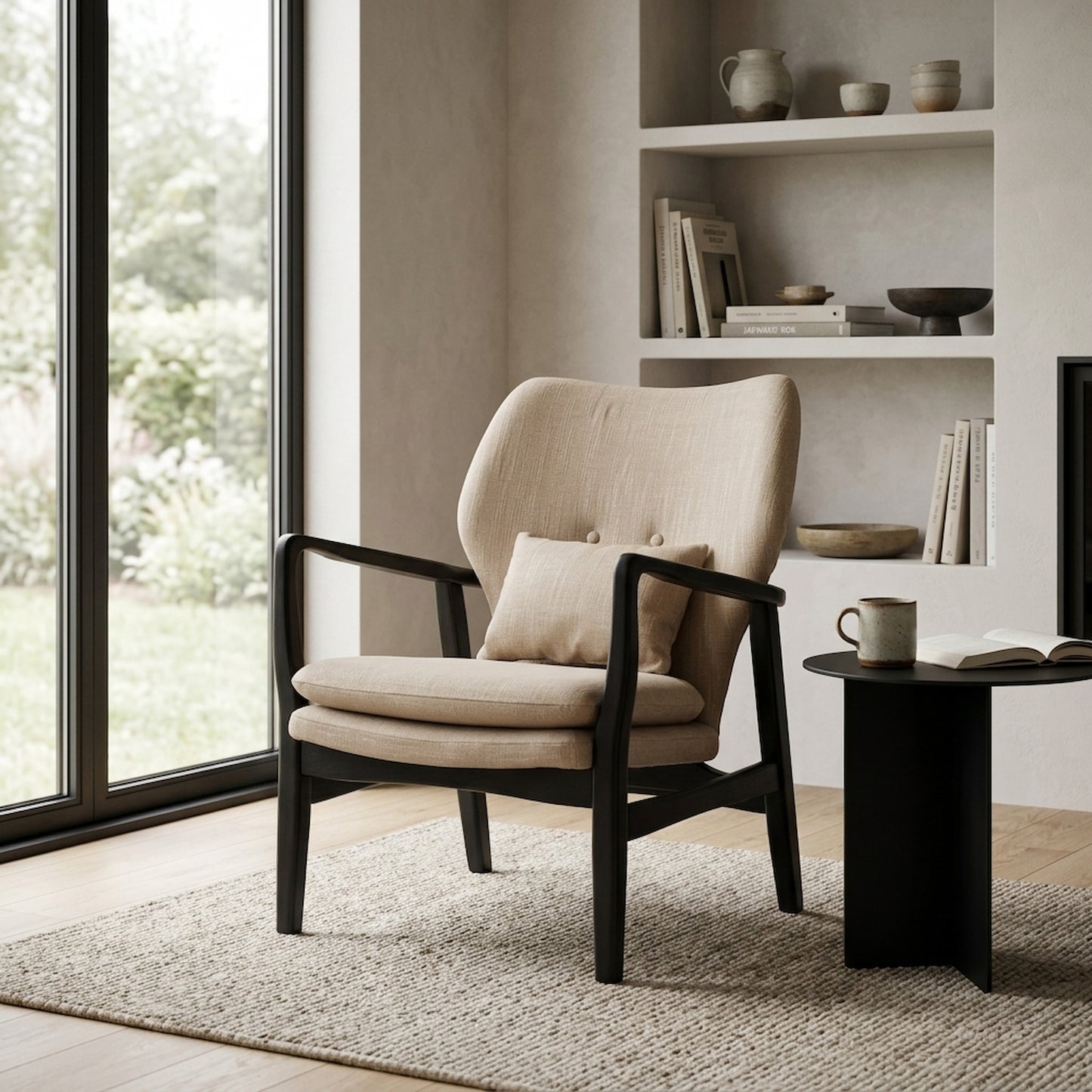 Nordic Beige Chair With Black Wooden Frame