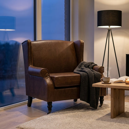 Richmond Brown Leather Effect Wing Armchair