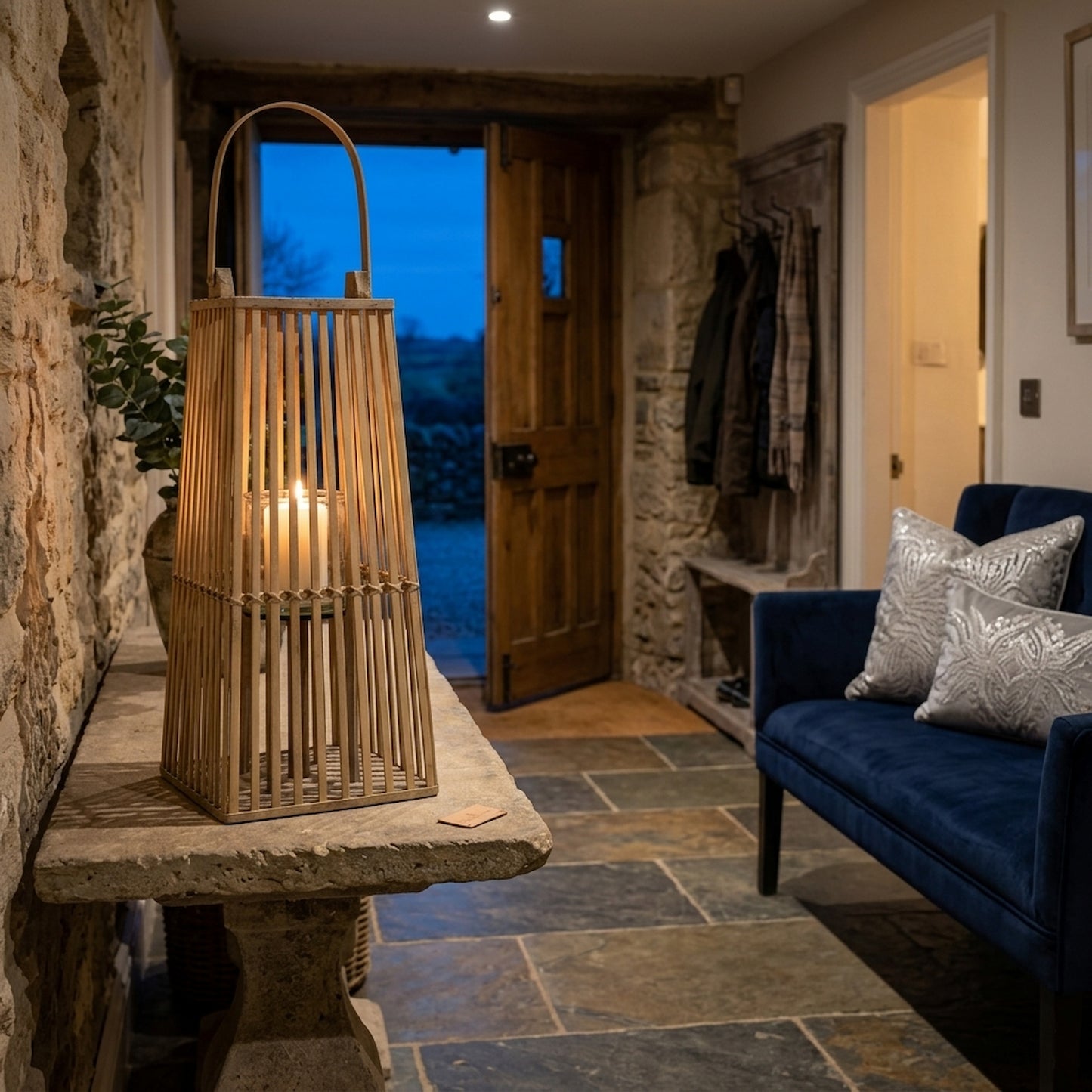 Small Silo Wicker Lantern With Glass Holder