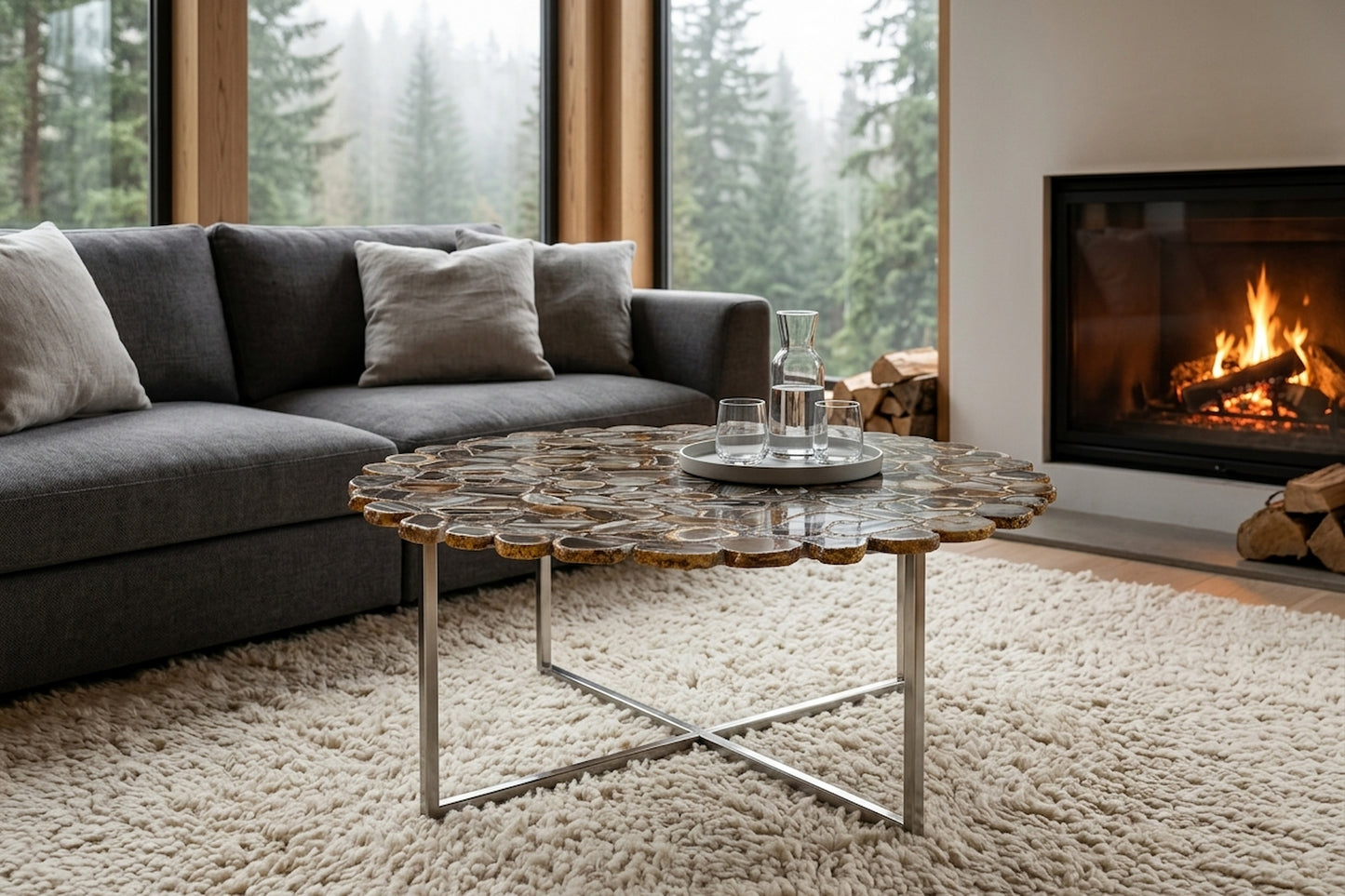 Spring Agate Coffee Table With Cross Base