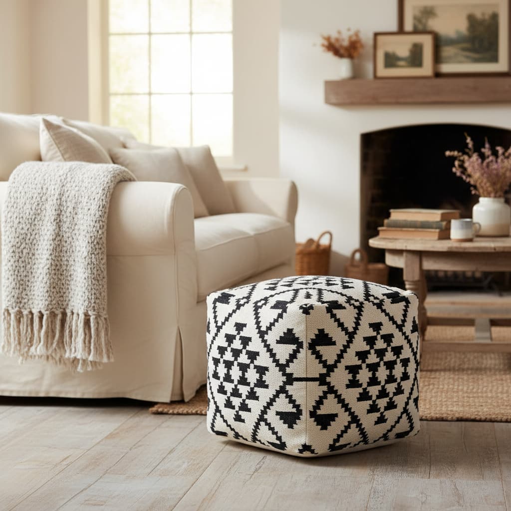 Serene Square Black and White Patterned Pouffe