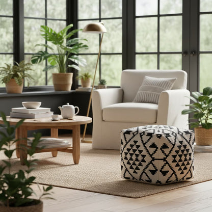 Serene Square Black and White Patterned Pouffe
