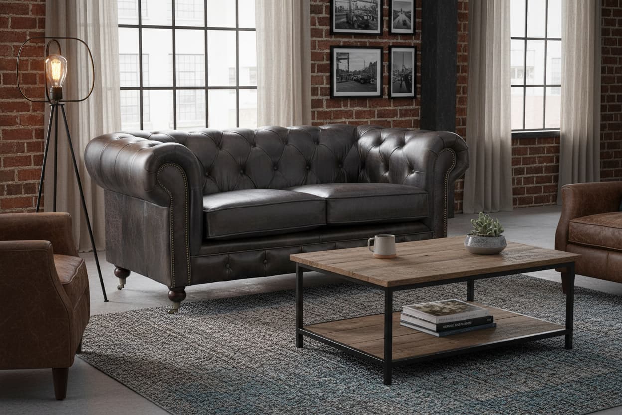 Noble Dark Grey Brown Leather Chesterfield 2 Seat Sofa