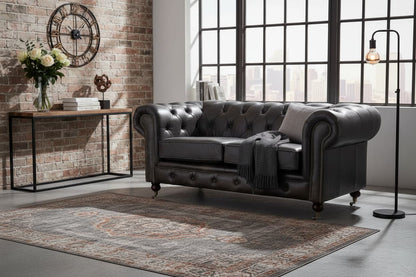 Noble Dark Grey Brown Leather Chesterfield 2 Seat Sofa