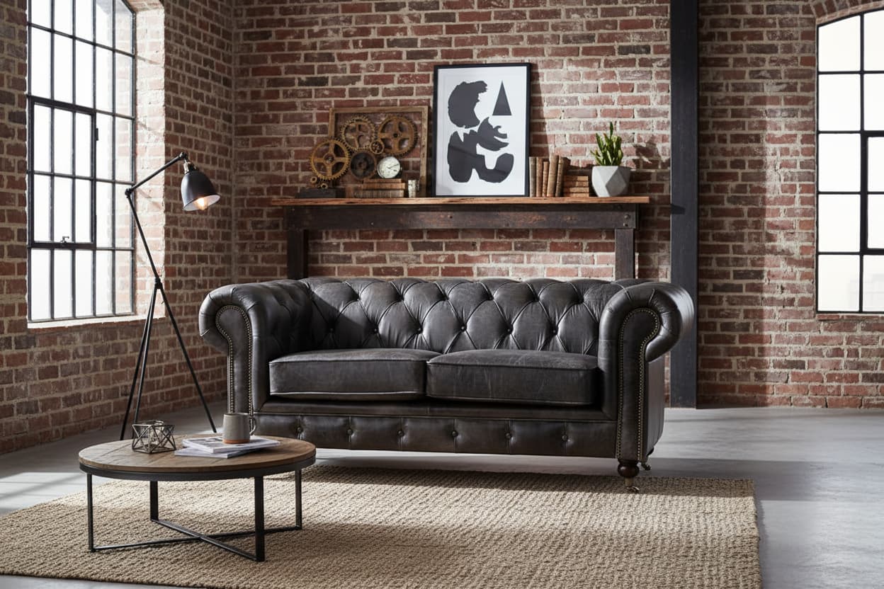 Noble Dark Grey Brown Leather Chesterfield 2 Seat Sofa