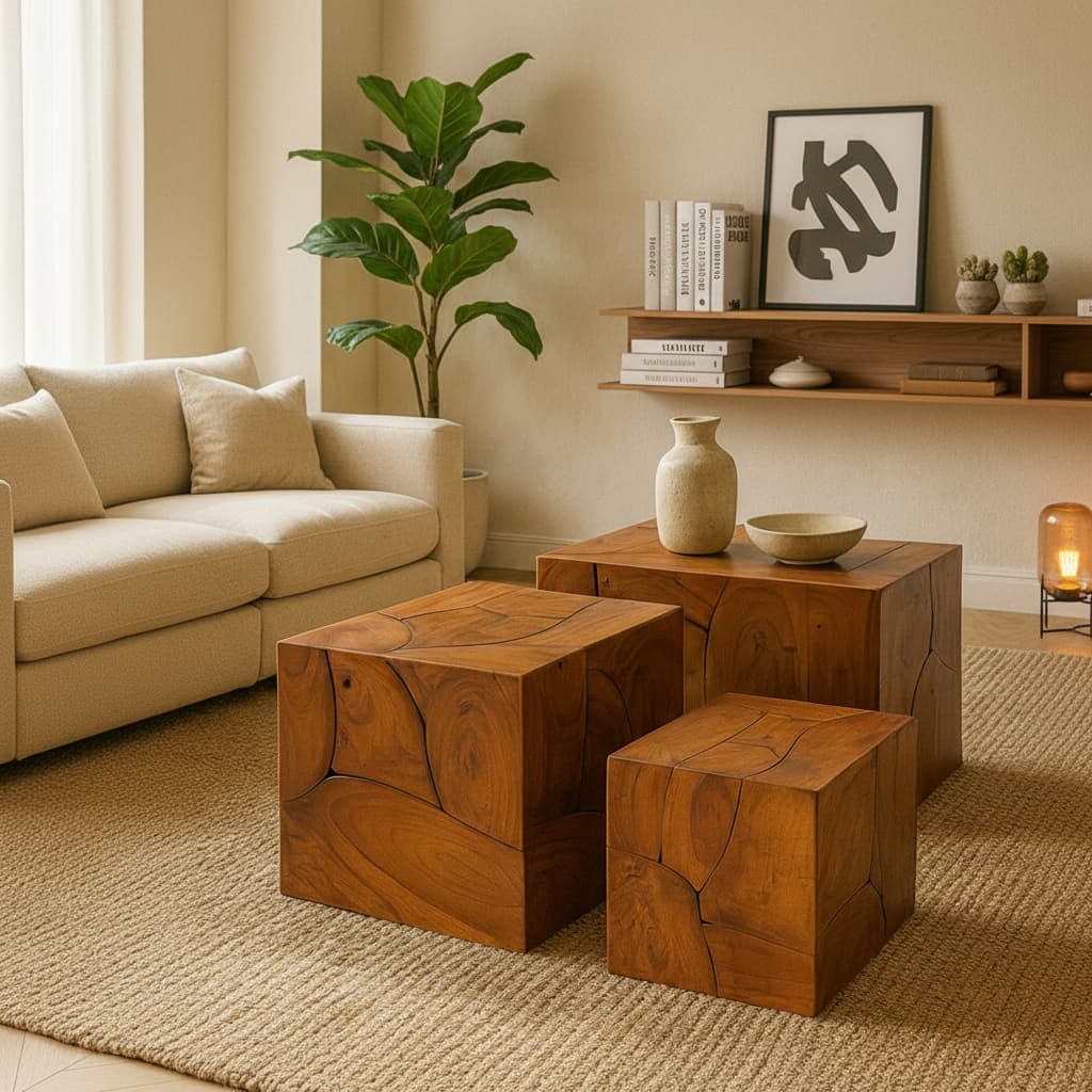 Teak Set of 3 Solid Teak Wood Side Tables and Stools