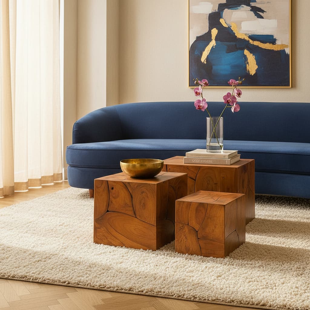 Teak Set of 3 Solid Teak Wood Side Tables and Stools