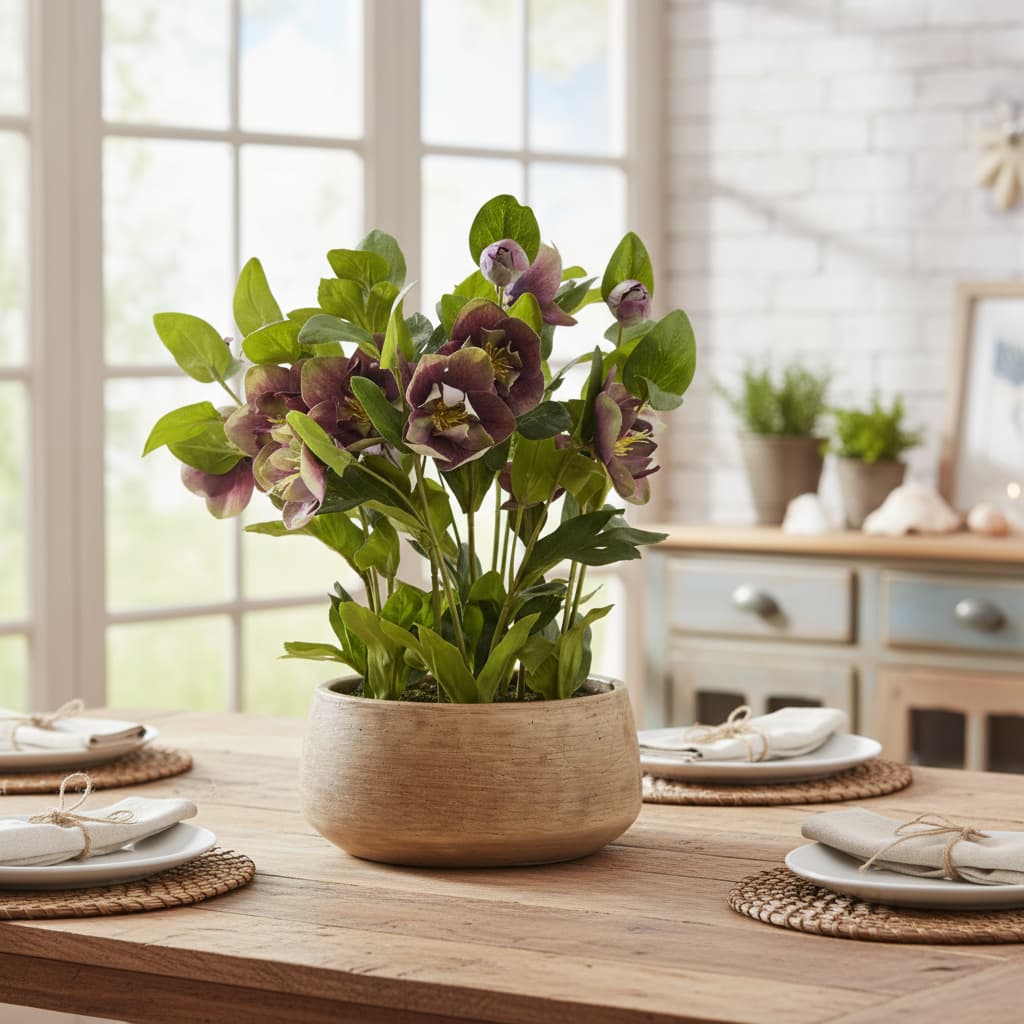 Deep Plum Hellebore Plant In Taupe Pot