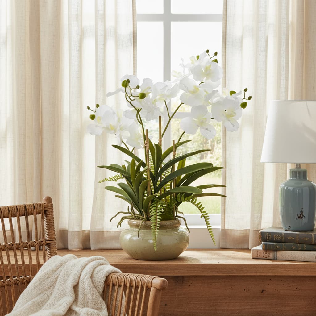 White Vanda Orchid Plant In Ceramic Pot