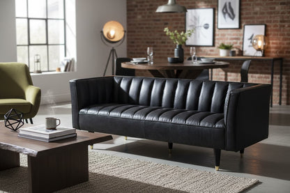 Monarch Three Seater Black Leather Sofa With Flared Arms
