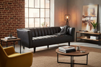 Monarch Three Seater Black Leather Sofa With Flared Arms