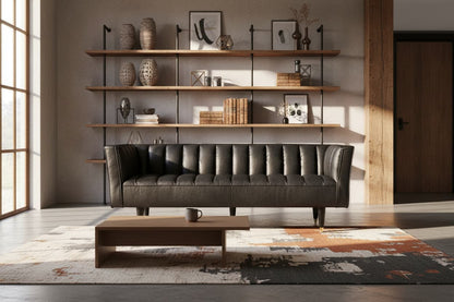 Monarch Three Seater Black Leather Sofa With Flared Arms