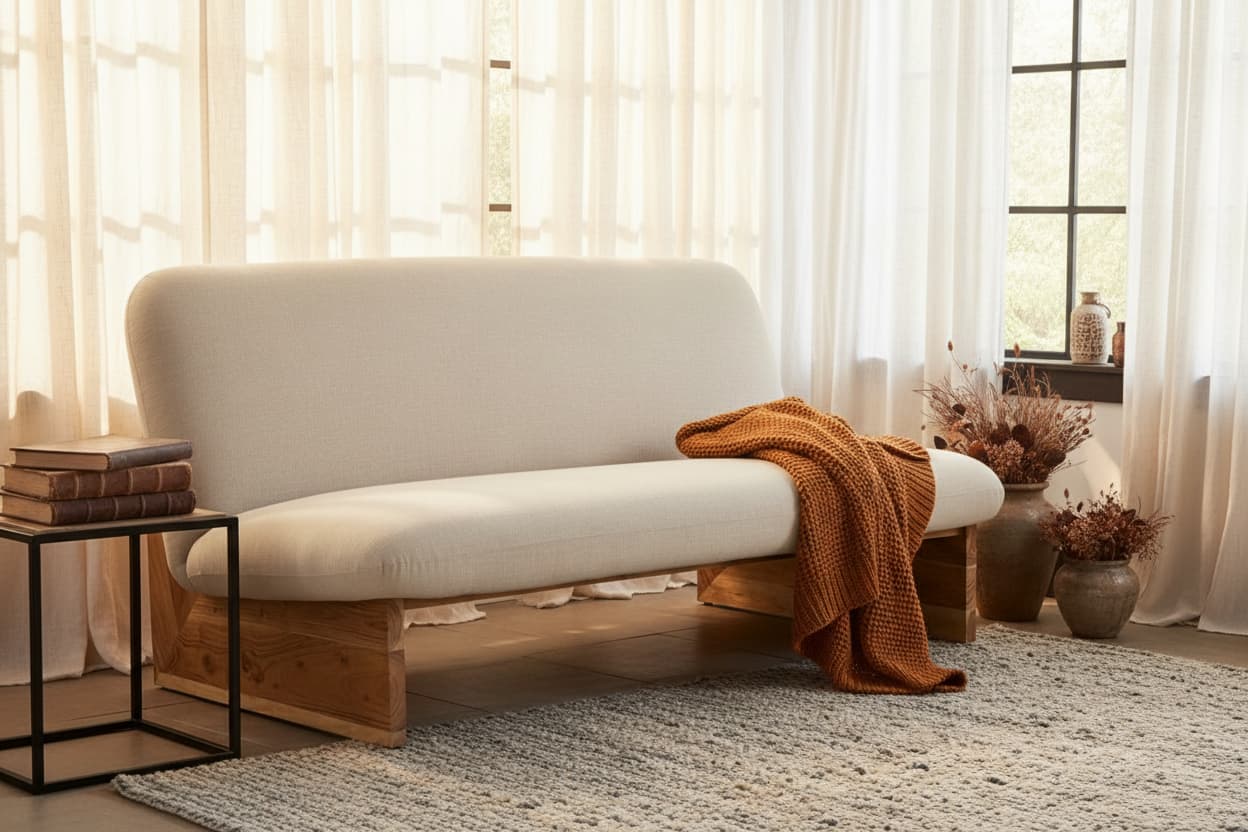 Loom Cream Linen Textured 2 Seater Armless Sofa With Wood Base