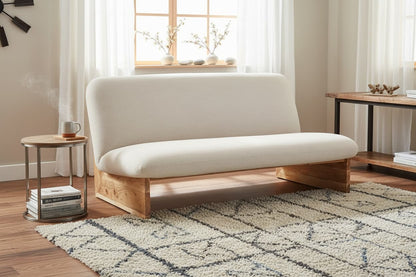 Loom Cream Linen Textured 2 Seater Armless Sofa With Wood Base