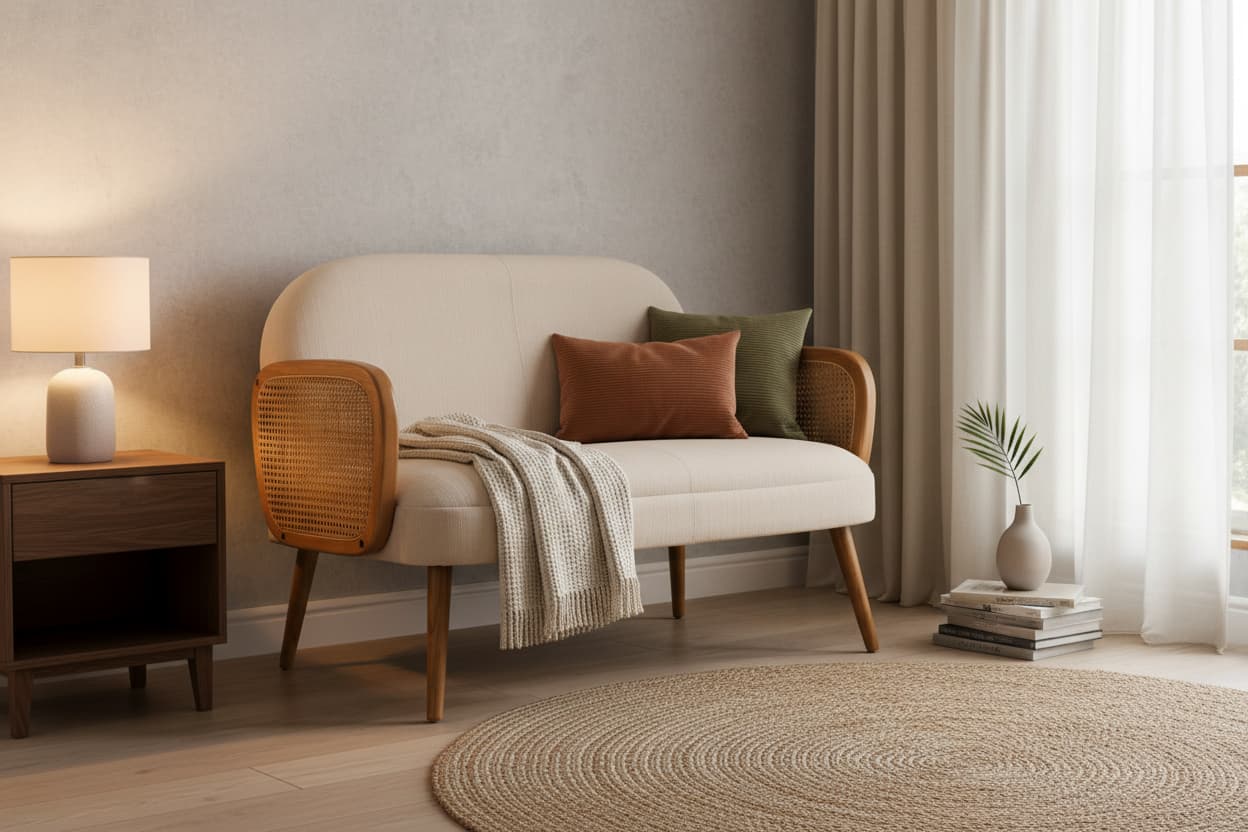 Pacific Ivory Fabric and Cane 2 Seat Sofa with Elm Wood Legs