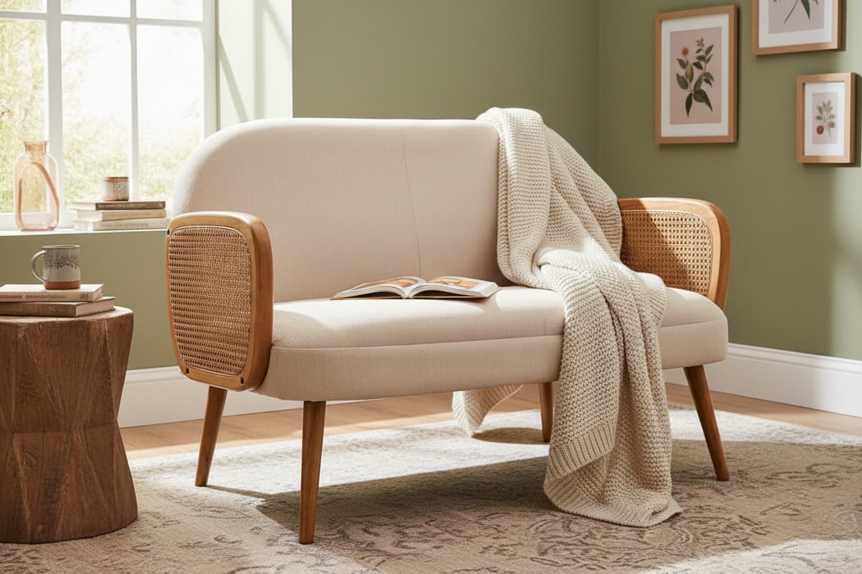 Pacific Ivory Fabric and Cane 2 Seat Sofa with Elm Wood Legs