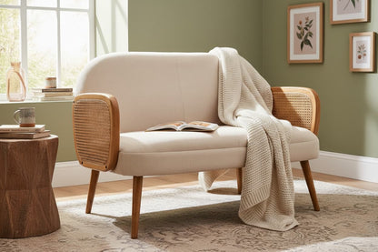 Pacific Ivory Fabric and Cane 2 Seat Sofa with Elm Wood Legs