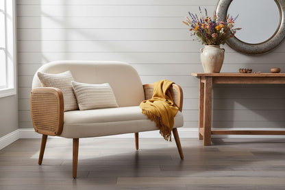 Pacific Ivory Fabric and Cane 2 Seat Sofa with Elm Wood Legs