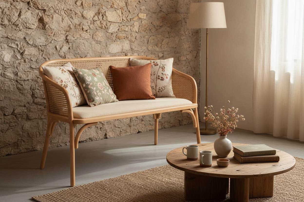 Pacific Natural Cane and Beech Wood Bench with Backrest