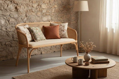 Pacific Natural Cane and Beech Wood Bench with Backrest