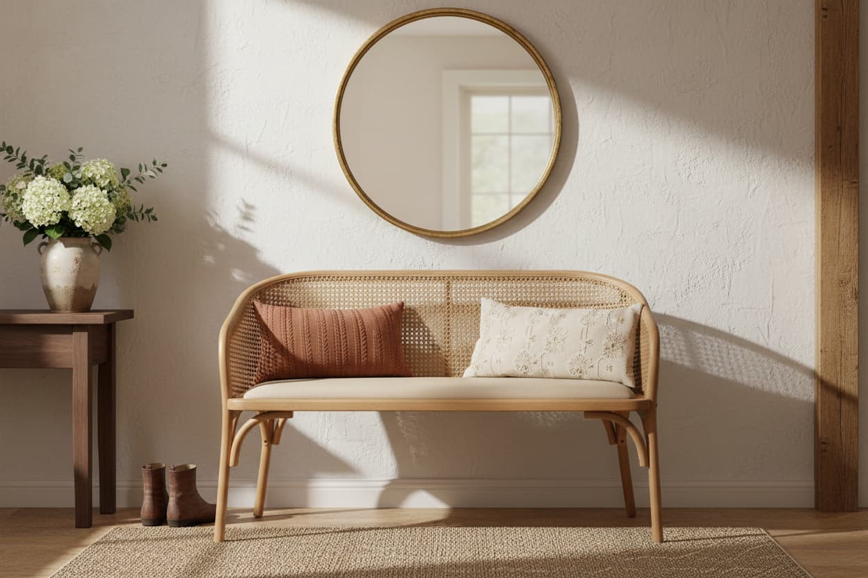 Pacific Natural Cane and Beech Wood Bench with Backrest