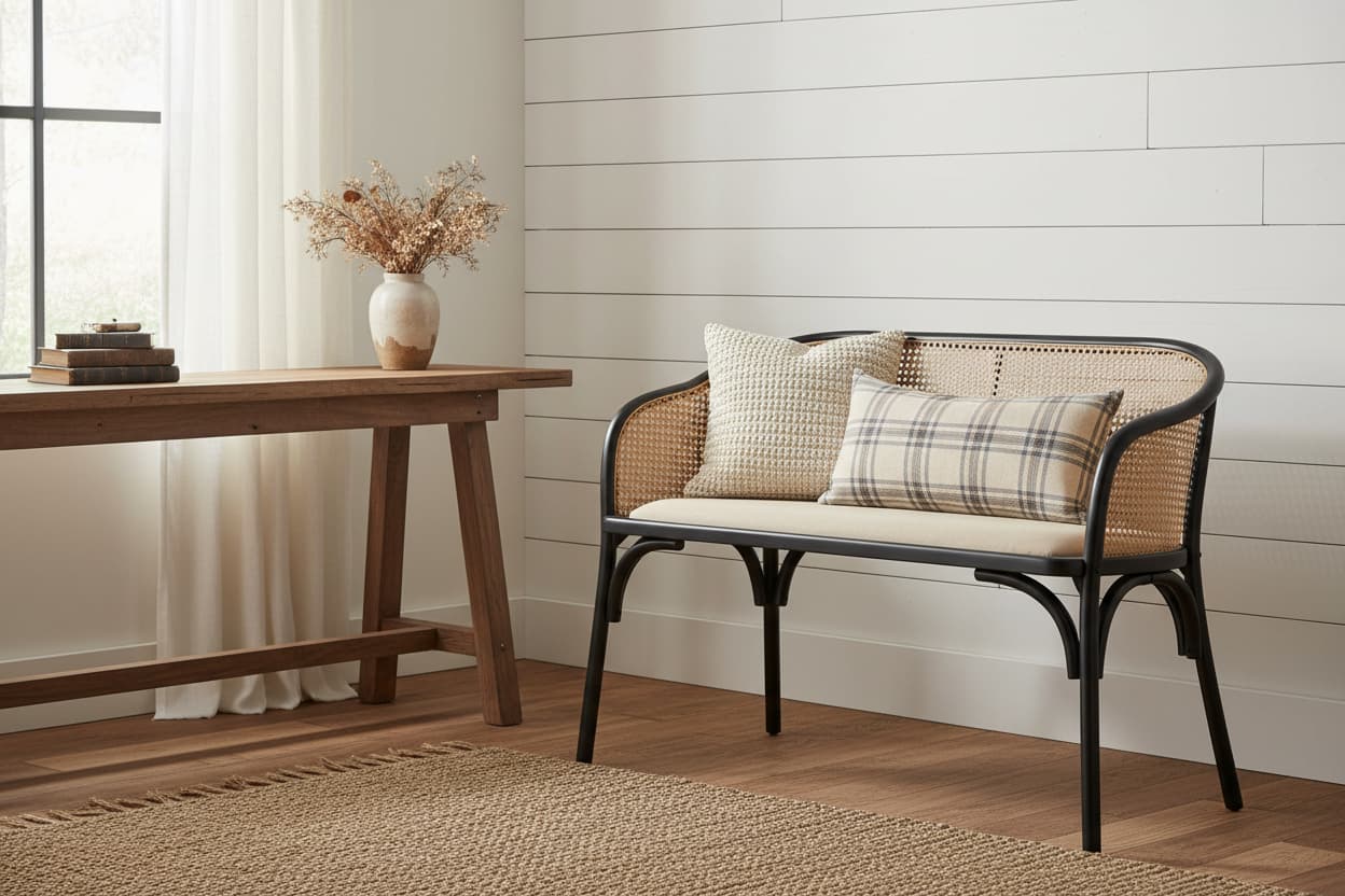 Pacific Natural Cane Bench with Black Beech Wood Frame